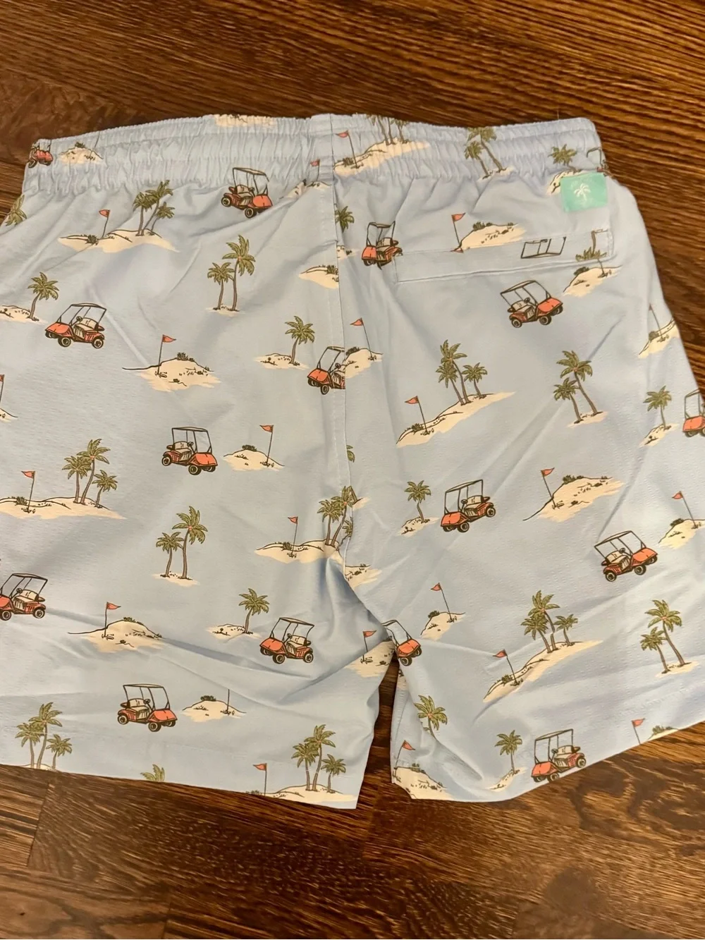 Free Planet Men’s Light Blue Golf Cart & Palm Print Swim Trunks- Medium